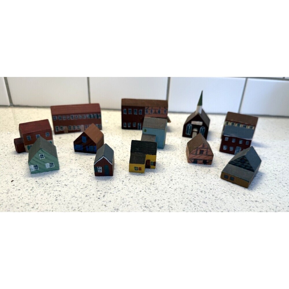 Vintage Lot of 13 Primitive Wood Block Village Houses Shelf Sitters Folk Art